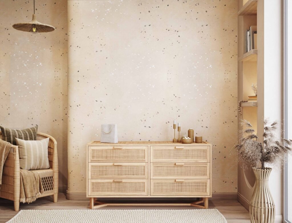 Living room interior with a plaster feature wall